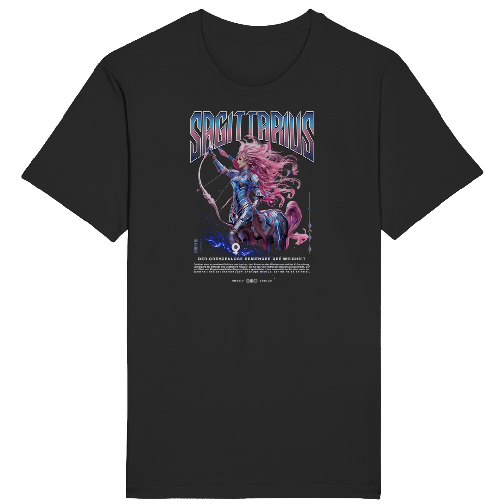 Schwarzes T-Shirt mit astrologischem Design für das Sternzeichen Schütze. Das Motiv zeigt einen farbenfrohen Zentauren mit einem Bogen in dynamischer Pose, symbolisch für die Abenteuerlust des Schützen. Über dem Bild steht 'Sagittarius', darunter der Slogan 'Der grenzenlose Reisende der Weisheit' sowie eine kurze Beschreibung der Schütze-Eigenschaften. Ein ideales Shirt für Schütze-Geborene und Astrologie-Enthusiasten.