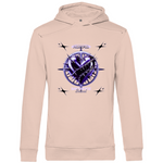 Ein leicht-rosa Hoodie mit einem auffälligen Design in der Mitte. Das Motiv zeigt ein violettes Herz, umgeben von Dornen und stachelartigen Elementen. Über dem Herz steht der Schriftzug "Hurtful", darunter "Sacrifice Bound" in hellen Farben. Der Hoodie hat eine künstlerische und emotionale Ausstrahlung, ideal für einen individuellen Look.