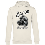 Ein beiger Hoodie mit einem auffälligen Motorrad-Design. Im Zentrum befindet sich ein Motorradfahrer auf einem sportlichen Bike in Bewegung. Der Schriftzug "Savior" steht oben in großen, stilvollen Buchstaben, während darunter "Rolling Through Redemption" in kleineren Lettern erscheint. Das Design vermittelt eine kraftvolle und abenteuerliche Atmosphäre, ideal für Motorradliebhaber und Abenteurer.