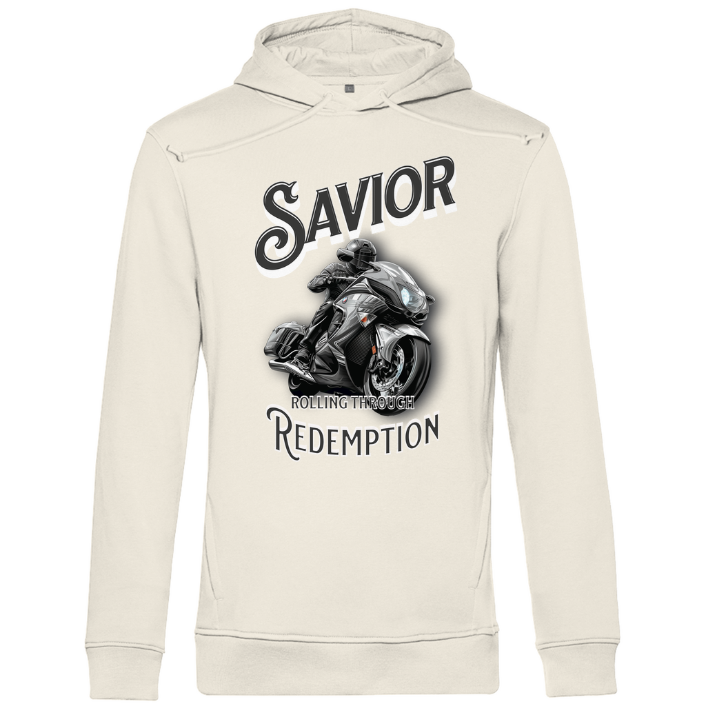 Ein beiger Hoodie mit einem auffälligen Motorrad-Design. Im Zentrum befindet sich ein Motorradfahrer auf einem sportlichen Bike in Bewegung. Der Schriftzug "Savior" steht oben in großen, stilvollen Buchstaben, während darunter "Rolling Through Redemption" in kleineren Lettern erscheint. Das Design vermittelt eine kraftvolle und abenteuerliche Atmosphäre, ideal für Motorradliebhaber und Abenteurer.