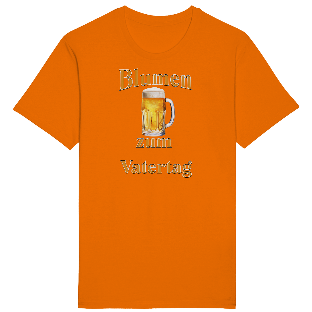 Oranges T-Shirt mit dem humorvollen Aufdruck „Blumen zum Vatertag“. Ein goldener Bierkrug in der Mitte des Designs ersetzt augenzwinkernd die traditionellen Blumen, die man sonst schenkt. Ein perfektes Geschenk für Väter, die den Vatertag gerne mit einem erfrischenden Bier feiern und diesen besonderen „Blumenstrauß“ zu schätzen wissen!