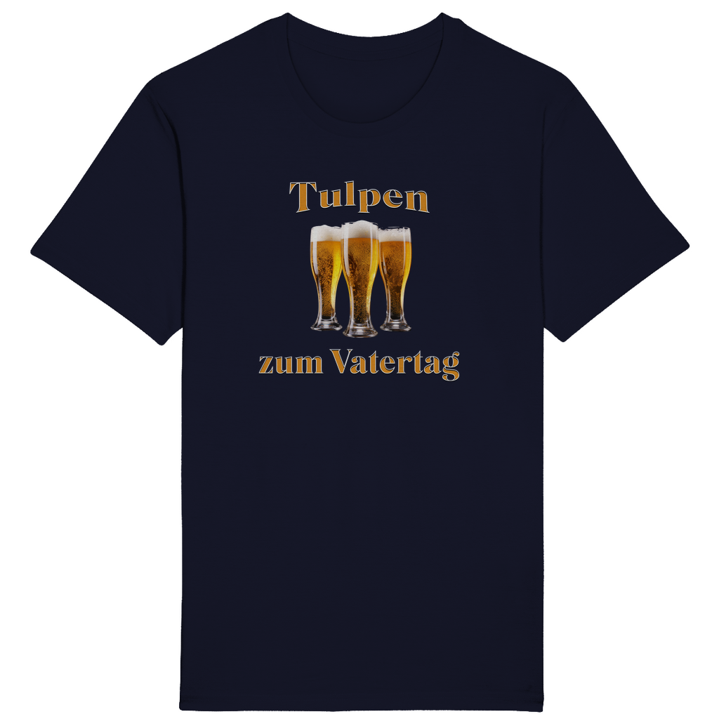 Dunkelblaues T-Shirt mit dem humorvollen Spruch „Tulpen zum Vatertag“ in orange-weißer Schrift. In der Mitte des Designs befinden sich drei gefüllte Biergläser, die als humorvolle Anspielung auf „Tulpen“ arrangiert sind.