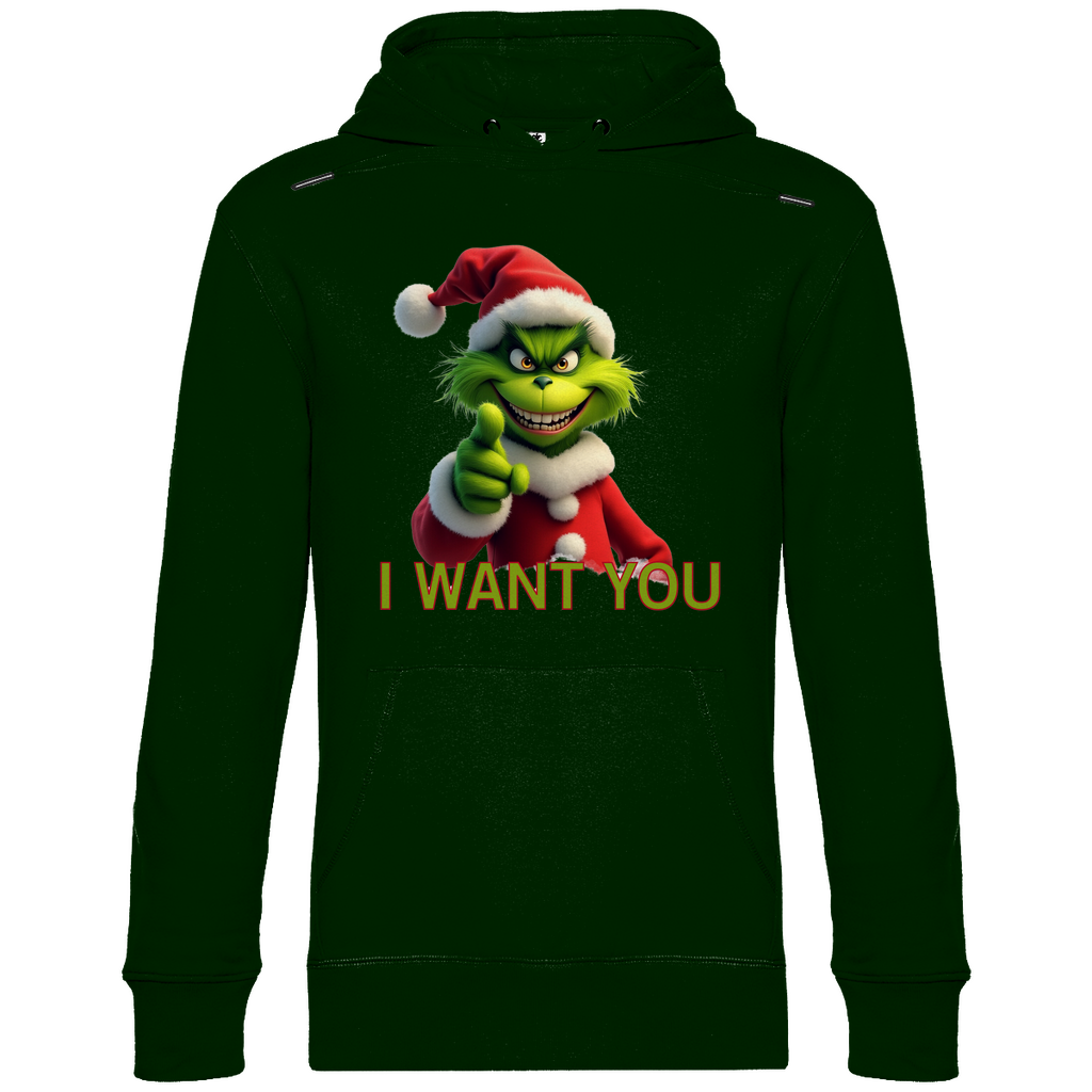 Ein dunkelgrüner Hoodie mit einem humorvollen, weihnachtlichen Grinch-Motiv. Auf der Vorderseite ist eine grüne Figur mit Weihnachtsmann-Mütze zu sehen, die direkt in die Kamera zeigt. Darunter steht der Text "I WANT YOU" in roten Buchstaben mit grüner Umrandung. Der Hoodie strahlt eine witzige, festliche Atmosphäre aus und ist ideal für die Weihnachtszeit.