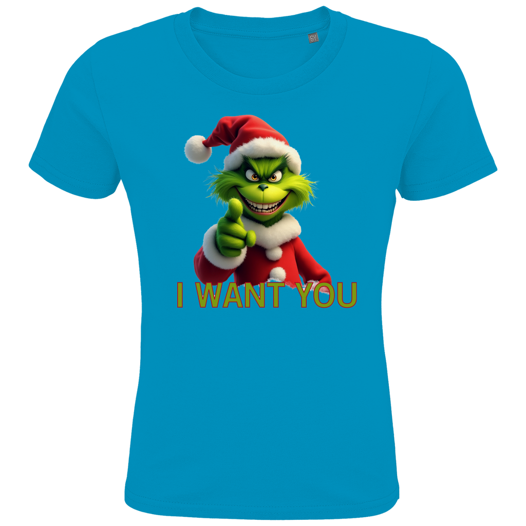 Ein hellblaues T-Shirt mit einem humorvollen, weihnachtlichen Grinch-Motiv. Auf der Vorderseite ist eine grüne Figur mit Weihnachtsmann-Mütze zu sehen, die in die Kamera zeigt. Darunter steht in roten Buchstaben mit grüner Umrandung der Text "I WANT YOU". Das T-Shirt verbreitet eine witzige, festliche Stimmung und eignet sich perfekt für die Weihnachtszeit.