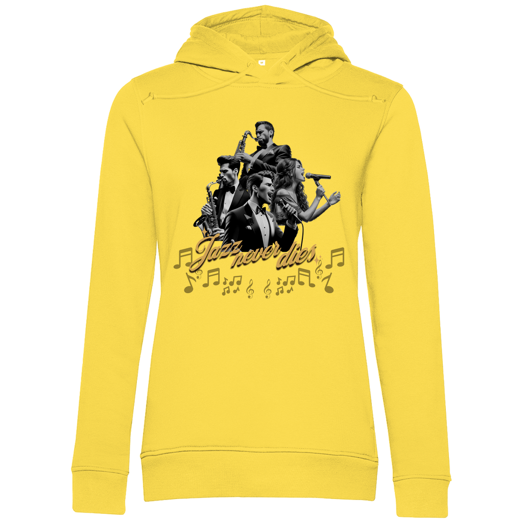 Gelber Damen-Hoodie mit einem stilvollen Jazz-Design. Das Motiv zeigt eine Gruppe von Musikern, die verschiedene Instrumente spielen, umgeben von Musiknoten. In der Mitte steht der Schriftzug "Jazz never dies" in goldener, geschwungener Schrift. Der Hoodie kombiniert eine leuchtende Farbe mit einem eleganten musikalischen Thema.