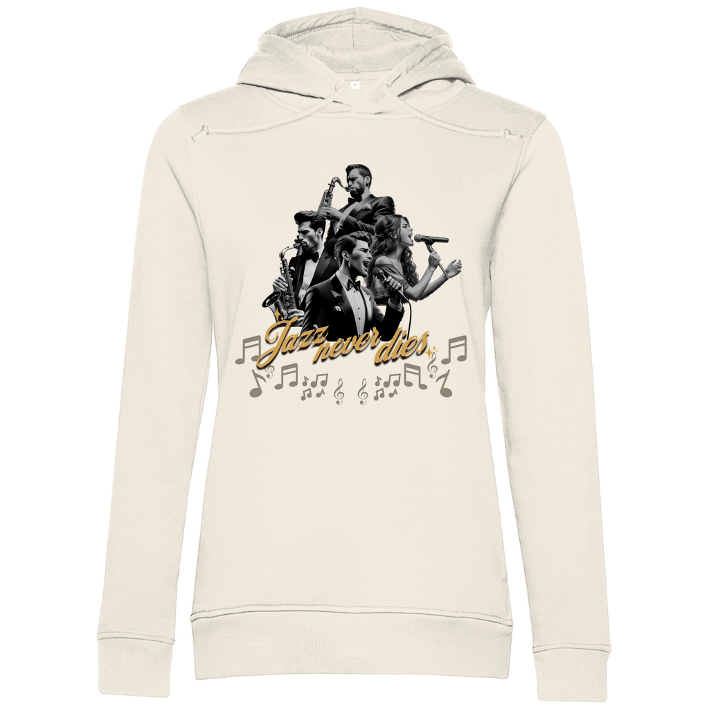 Cremefarbener Damen-Hoodie mit einem stilvollen Jazz-Design. Das Motiv zeigt eine Gruppe von Musikern, die verschiedene Instrumente spielen, umgeben von Musiknoten. In der Mitte ist der Schriftzug "Jazz never dies" in goldener, geschwungener Schrift zu sehen. Der Hoodie verbindet zeitlosen Stil mit einem musikalischen Thema.