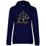 Dunkelblauer Damen-Hoodie mit einem stilvollen Jazz-Design. Das Motiv zeigt eine Gruppe von Musikern, die verschiedene Instrumente spielen, umgeben von Musiknoten. In der Mitte steht der Schriftzug "Jazz never dies" in goldener, geschwungener Schrift. Der Hoodie verbindet einen eleganten, klassischen Stil mit einem musikalischen Thema.