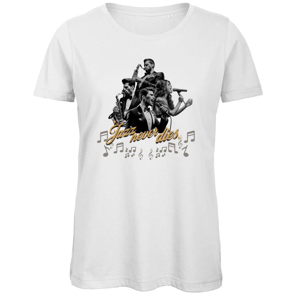 Damen Premium Bio T-Shirt mit Jazz-Design, erhältlich in vielen ausgesuchten Farben, aus nachhaltiger Baumwolle, bequem und stilvoll – Delamira.