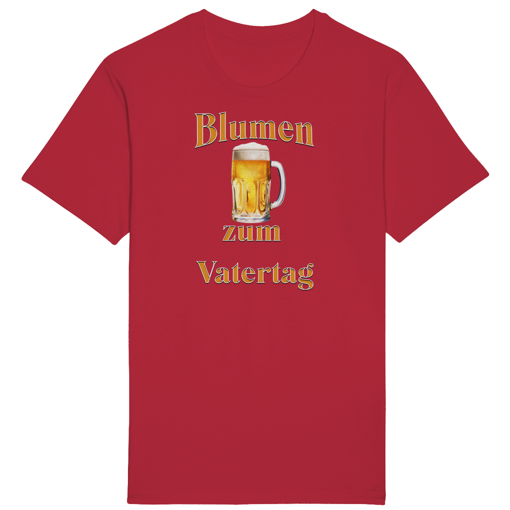 Rotes T-Shirt mit dem humorvollen Aufdruck „Blumen zum Vatertag“. Ein goldener Bierkrug in der Mitte des Designs ersetzt augenzwinkernd die traditionellen Blumen, die man sonst schenkt. Ein perfektes Geschenk für Väter, die den Vatertag gerne mit einem erfrischenden Bier feiern und diesen besonderen „Blumenstrauß“ zu schätzen wissen!