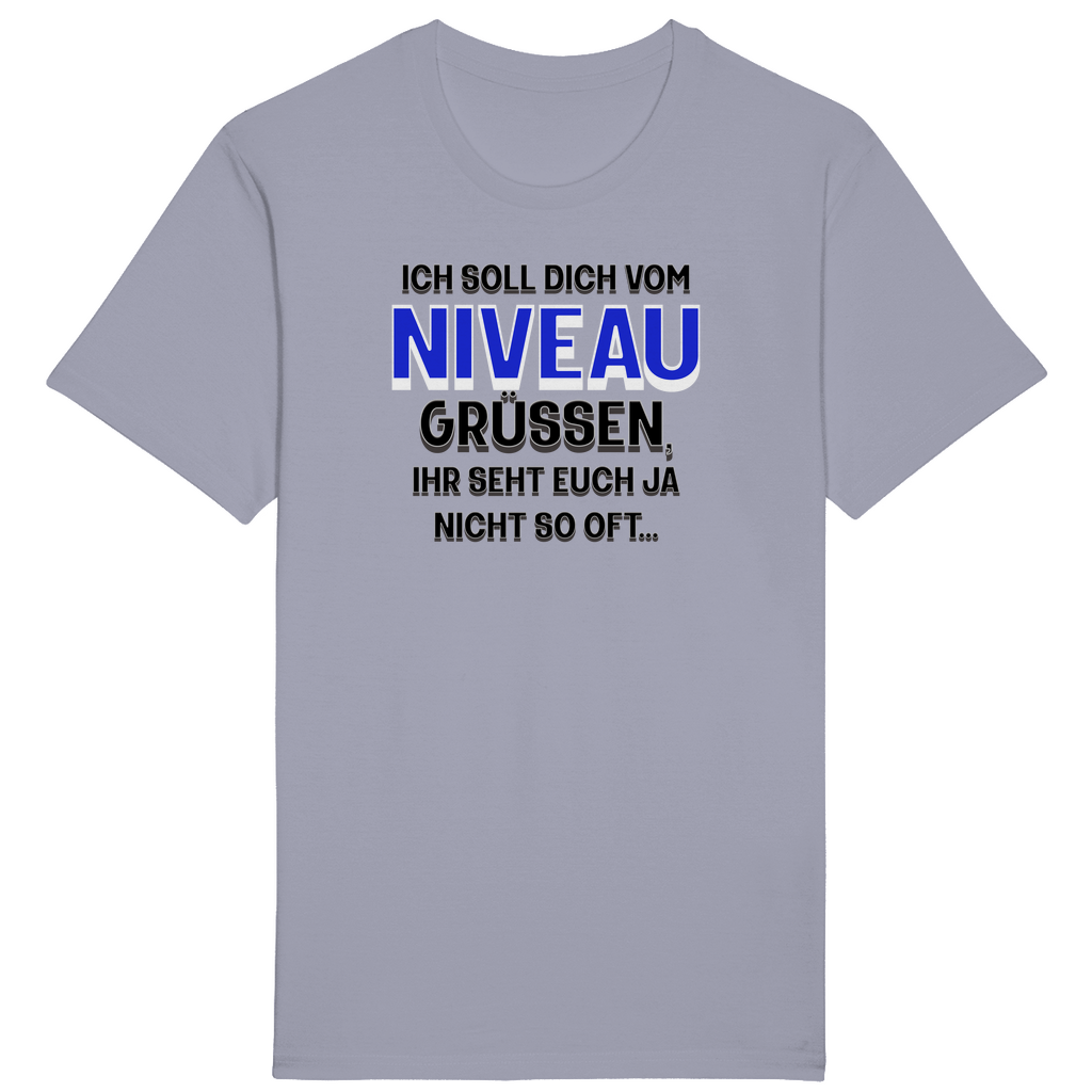 Hellblaues T-Shirt mit einem humorvollen Aufdruck: „Ich soll dich vom Niveau grüßen, ihr seht euch ja nicht so oft…“ Der Spruch ist in unterschiedlichen Schriftgrößen und -farben gestaltet, wobei das Wort „Niveau“ in auffälligem Blau hervorgehoben ist. Ein augenzwinkerndes Design für alle, die gern mit Witz und Charme punkten!