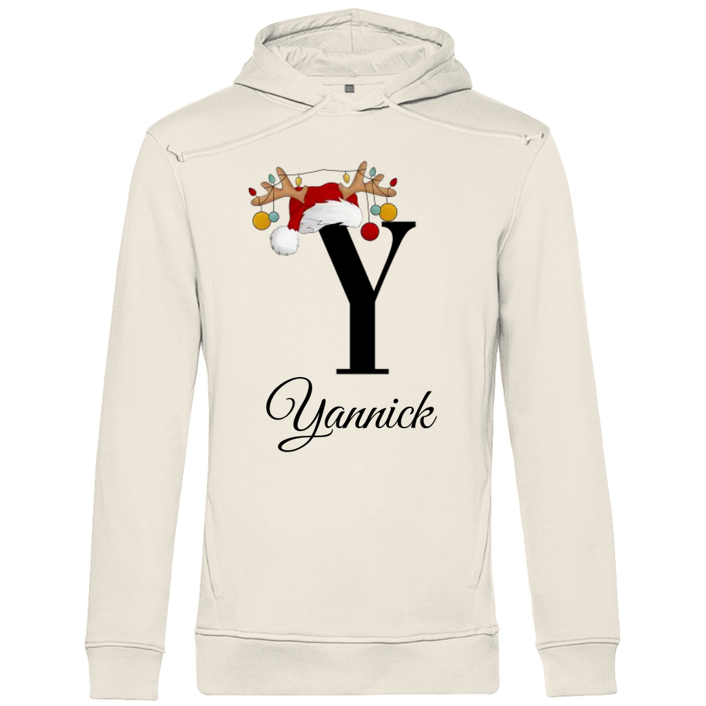 Cremefarbener Hoodie mit einem weihnachtlichen „Y“-Design in Schwarz, verziert mit einem Weihnachtsmann-Hut und Rentiergeweihen, an denen bunte Kugeln hängen. Unter dem Buchstaben steht der Name „Yannick“ in eleganter, geschwungener Schrift. Der Hoodie ist perfekt für die Weihnachtszeit und strahlt eine festliche, personalisierte Atmosphäre aus.