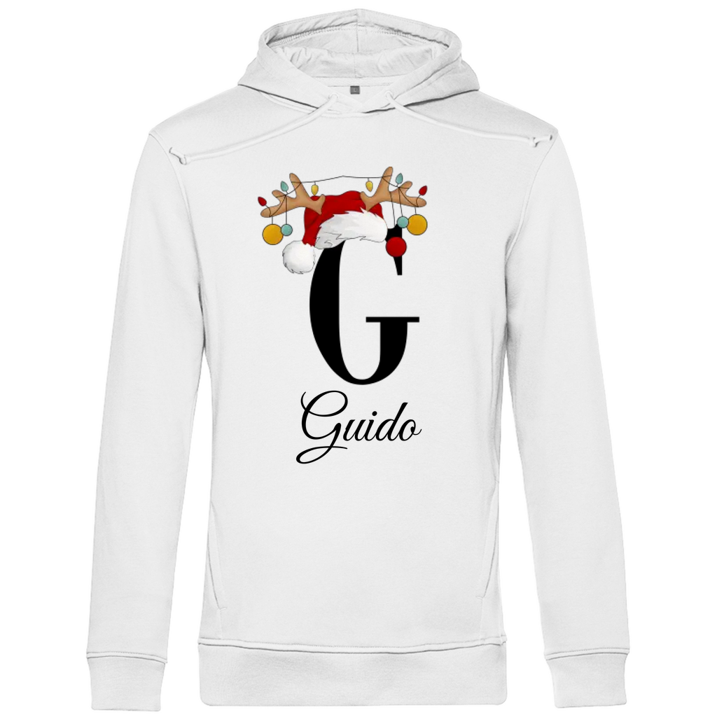 Ein weißer Hoodie mit einem weihnachtlichen Design, das den Buchstaben "G" zeigt. Der Buchstabe ist in schwarz gehalten und mit einem Weihnachtsmann-Hut sowie Rentiergeweihen verziert, an denen bunte Kugeln hängen. Unter dem Buchstaben ist der personalisierte Name "Guido" in eleganter, geschwungener Schrift zu sehen. Der Hoodie strahlt eine festliche und personalisierte Stimmung aus und eignet sich perfekt für die Winter- und Weihnachtszeit.