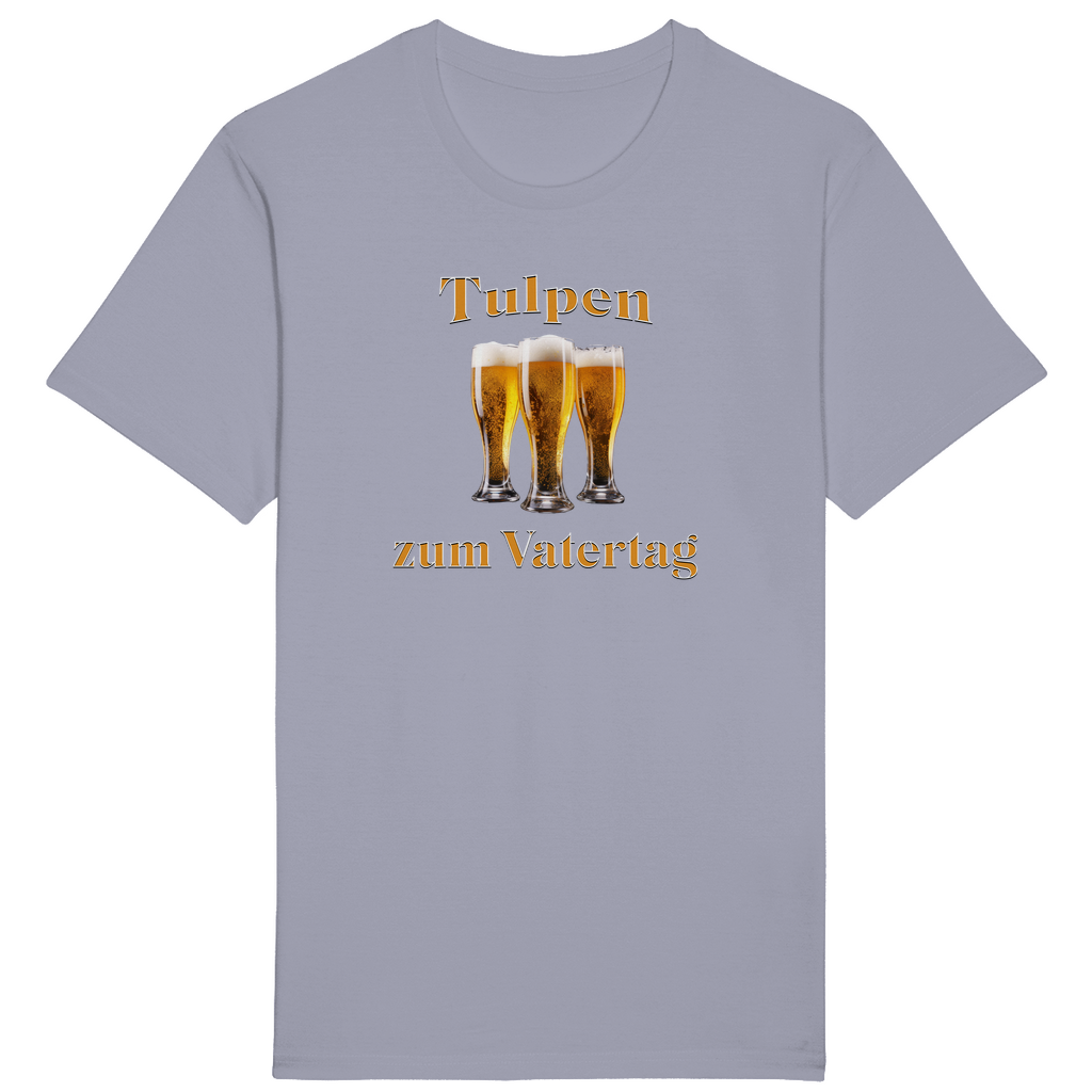 Hellblaues T-Shirt mit dem humorvollen Spruch „Tulpen zum Vatertag“ in orange-weißer Schrift. In der Mitte des Designs sind drei gefüllte Biergläser angeordnet, die auf humorvolle Weise an „Tulpen“ erinnern.