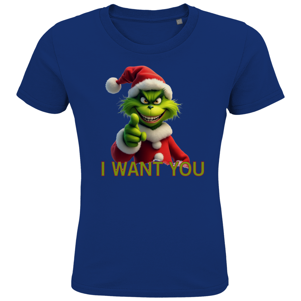 Ein blaues T-Shirt mit einem humorvollen, weihnachtlichen Grinch-Motiv. Auf der Vorderseite ist eine grüne Figur mit Weihnachtsmann-Mütze zu sehen, die in die Kamera zeigt. Darunter steht in roten Buchstaben mit grüner Umrandung der Text "I WANT YOU". Das T-Shirt verbreitet eine witzige, festliche Stimmung und eignet sich perfekt für die Weihnachtszeit.