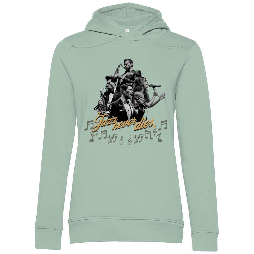 Hellgrüner Damen-Hoodie mit einem stilvollen Jazz-Design. Das Motiv zeigt eine Gruppe von Musikern, die verschiedene Instrumente spielen, und in der Mitte der Schriftzug "Jazz never dies" in geschwungenen, goldenen Lettern. Umgeben von Musiknoten bietet das Design eine Hommage an die zeitlose Musikrichtung des Jazz.