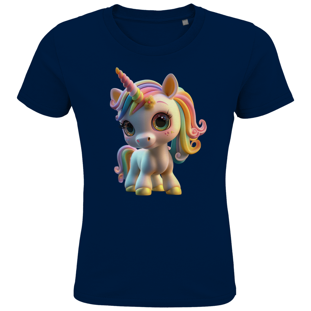 Ein dunkelblaues Kinder-T-Shirt mit einem farbenfrohen Einhorn-Design. Das Einhorn hat eine Regenbogenmähne und große, strahlende Augen, die ihm einen niedlichen und lebendigen Ausdruck verleihen. Sein verspieltes Horn und die zarten Verzierungen auf seinem Gesicht ergänzen das charmante Design. Das T-Shirt bietet eine ideale Option für Kinder, die magische und fantasievolle Motive lieben.