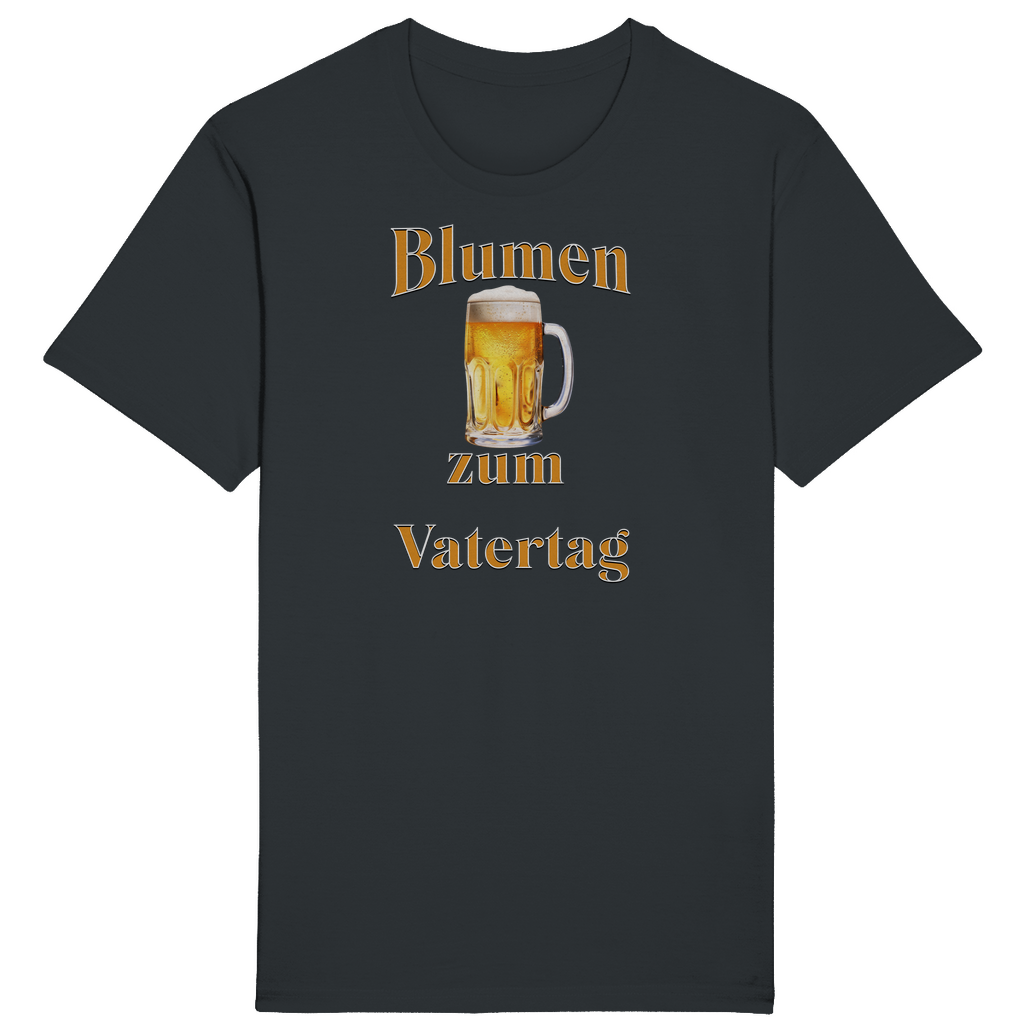 Dunkelgraues T-Shirt mit dem humorvollen Aufdruck „Blumen zum Vatertag“. Ein goldener Bierkrug in der Mitte des Designs ersetzt augenzwinkernd die traditionellen Blumen, die man sonst schenkt. Ein perfektes Geschenk für Väter, die den Vatertag gerne mit einem erfrischenden Bier feiern und diesen besonderen „Blumenstrauß“ zu schätzen wissen!