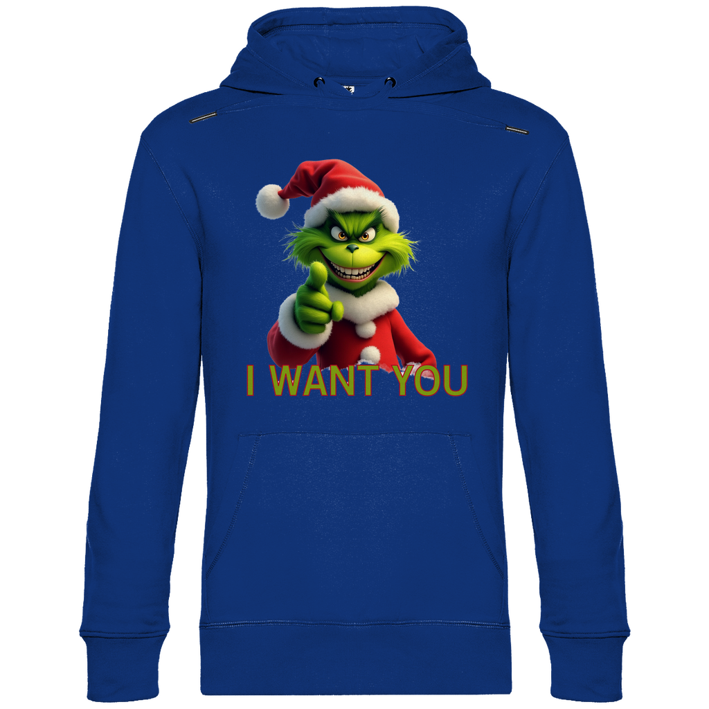 Ein blauer Hoodie mit einem humorvollen, weihnachtlichen Grinch-Motiv. Auf der Vorderseite ist eine grüne Figur mit Weihnachtsmann-Mütze zu sehen, die direkt in die Kamera zeigt. Darunter steht der Text "I WANT YOU" in roten Buchstaben mit grüner Umrandung. Der Hoodie strahlt eine witzige, festliche Atmosphäre aus und ist ideal für die Weihnachtszeit.