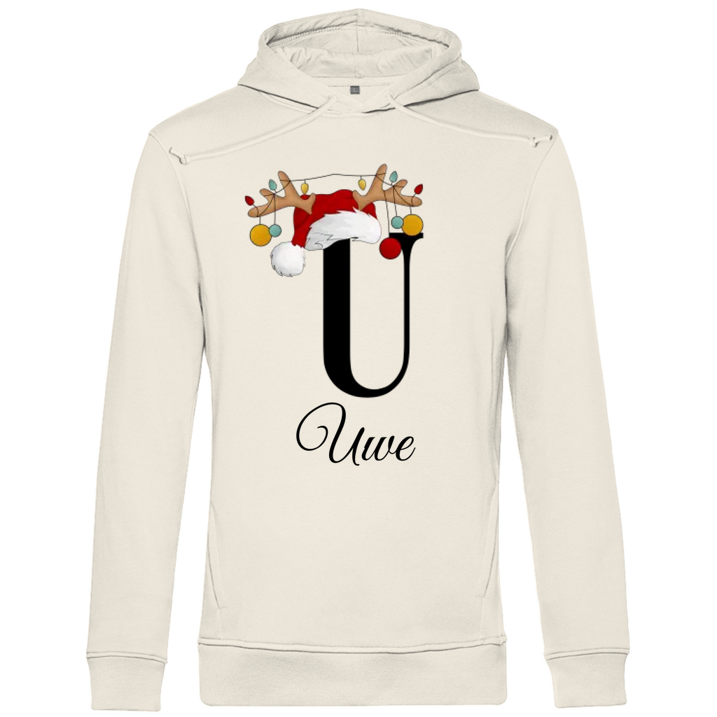 Ein cremefarbenen Hoodie mit einem weihnachtlichen Design, das den Buchstaben „U“ in Schwarz zeigt. Der Buchstabe ist mit einem Weihnachtsmann-Hut und Rentiergeweihen verziert, an denen bunte Kugeln hängen. Unter dem Buchstaben steht der Name „Uwe“ in eleganter, geschwungener Schrift. Der Hoodie vermittelt eine festliche und persönliche Stimmung, perfekt geeignet für die Weihnachtszeit.