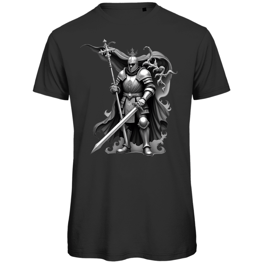 Schwarzes T-Shirt mit einem detaillierten Ritter-Motiv in Schwarz-Weiß. Der Ritter trägt eine Rüstung mit Krone, hält ein Schwert und einen Stab, umgeben von dekorativen, wellenförmigen Elementen. Das Design strahlt Stärke und Eleganz aus.