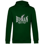 Dunkelgrüner Hoodie mit dem Schriftzug „Human Being“ in großen weißen Buchstaben und einem markanten Blitz-Design auf der Brust.