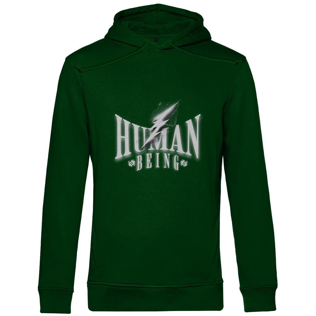 Dunkelgrüner Hoodie mit dem Schriftzug „Human Being“ in großen weißen Buchstaben und einem markanten Blitz-Design auf der Brust.