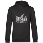 Dunkelgrauer Hoodie mit dem Schriftzug „Human Being“ in großen weißen Buchstaben und einem markanten Blitz-Design auf der Brust.