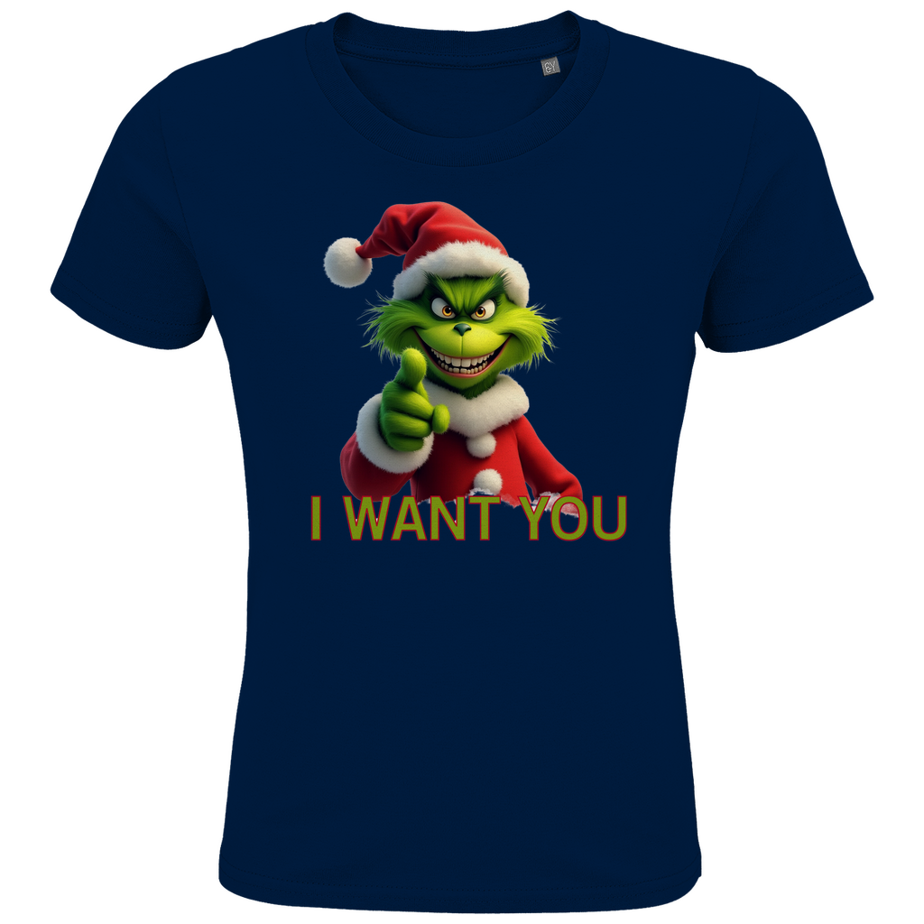 Ein dunkelblaues T-Shirt mit einem humorvollen, weihnachtlichen Grinch-Motiv. Auf der Vorderseite ist eine grüne Figur mit Weihnachtsmann-Mütze zu sehen, die in die Kamera zeigt. Darunter steht in roten Buchstaben mit grüner Umrandung der Text "I WANT YOU". Das T-Shirt verbreitet eine witzige, festliche Stimmung und eignet sich perfekt für die Weihnachtszeit.