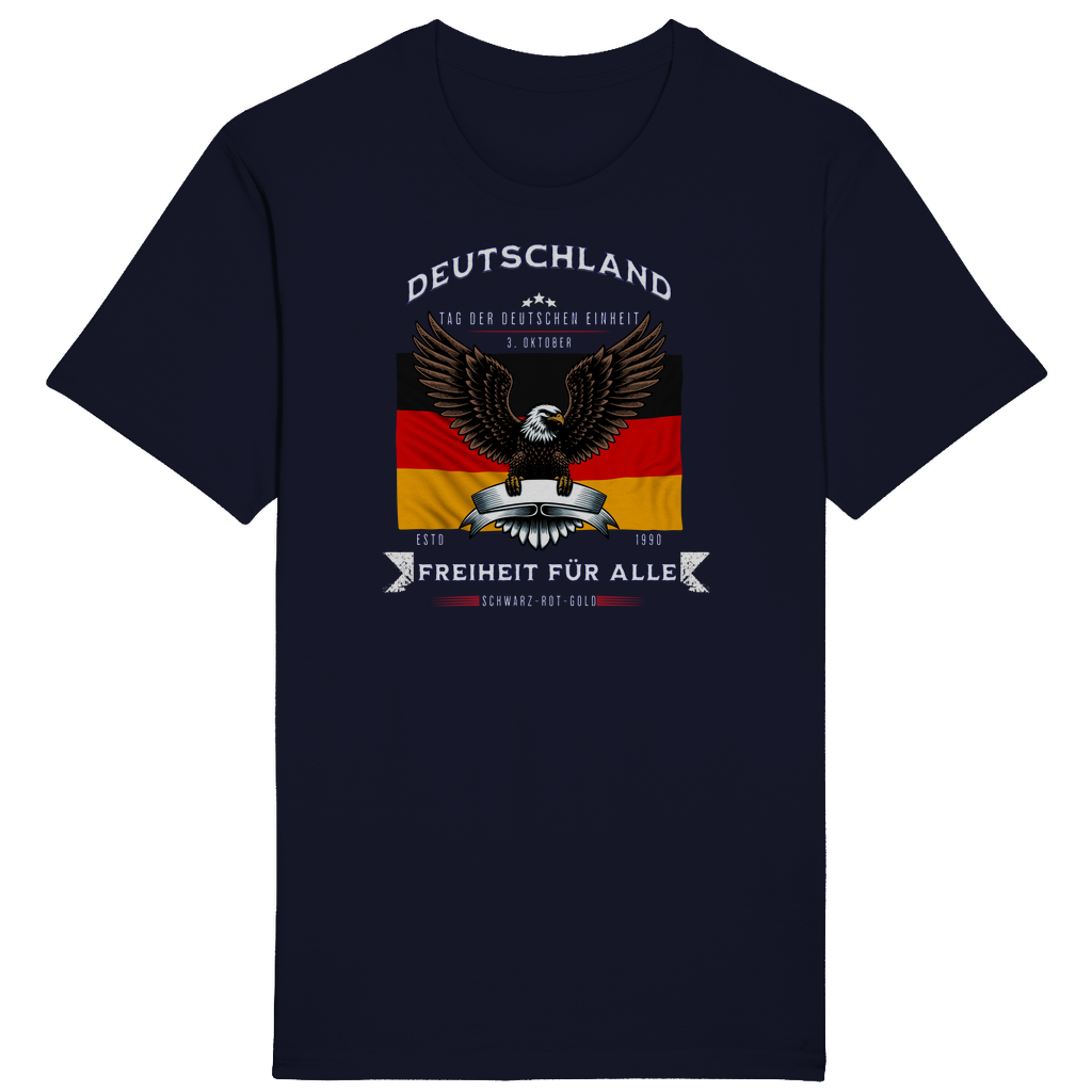 Dunkelblaues T-Shirt mit patriotischem Design, das die deutsche Flagge und einen imposanten Adler zeigt. Der Schriftzug „Deutschland – Freiheit für alle“ und „Tag der Deutschen Einheit – 3. Oktober“ betont die Bedeutung der deutschen Einheit und Freiheit. Ein markantes Statement für alle, die Stolz und Zusammenhalt symbolisieren und an den Werten von Schwarz-Rot-Gold festhalten.