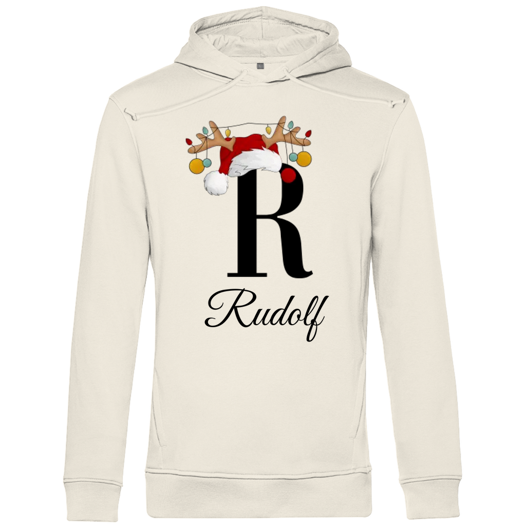 Ein cremefarbenen Hoodie mit einem festlichen Design, das den Buchstaben „R“ in Schwarz zeigt. Der Buchstabe ist mit einem Weihnachtsmann-Hut und Rentiergeweihen verziert, an denen bunte Kugeln hängen. Unter dem Buchstaben steht der Name „Rudolf“ in eleganter, geschwungener Schrift. Der Hoodie ist perfekt für die Weihnachtszeit und bietet eine persönliche Note, ideal für festliche Anlässe.