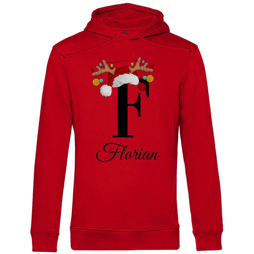 Ein roter Hoodie mit einem weihnachtlichen Design, das den Buchstaben "F" zeigt. Der Buchstabe ist in schwarz gehalten und mit einem Weihnachtsmann-Hut sowie Rentiergeweihen verziert, an denen bunte Kugeln hängen. Unter dem Buchstaben ist der personalisierte Name "Florian" in eleganter, geschwungener Schrift zu sehen. Der Hoodie strahlt eine festliche und personalisierte Stimmung aus und eignet sich perfekt für die Winter- und Weihnachtszeit.