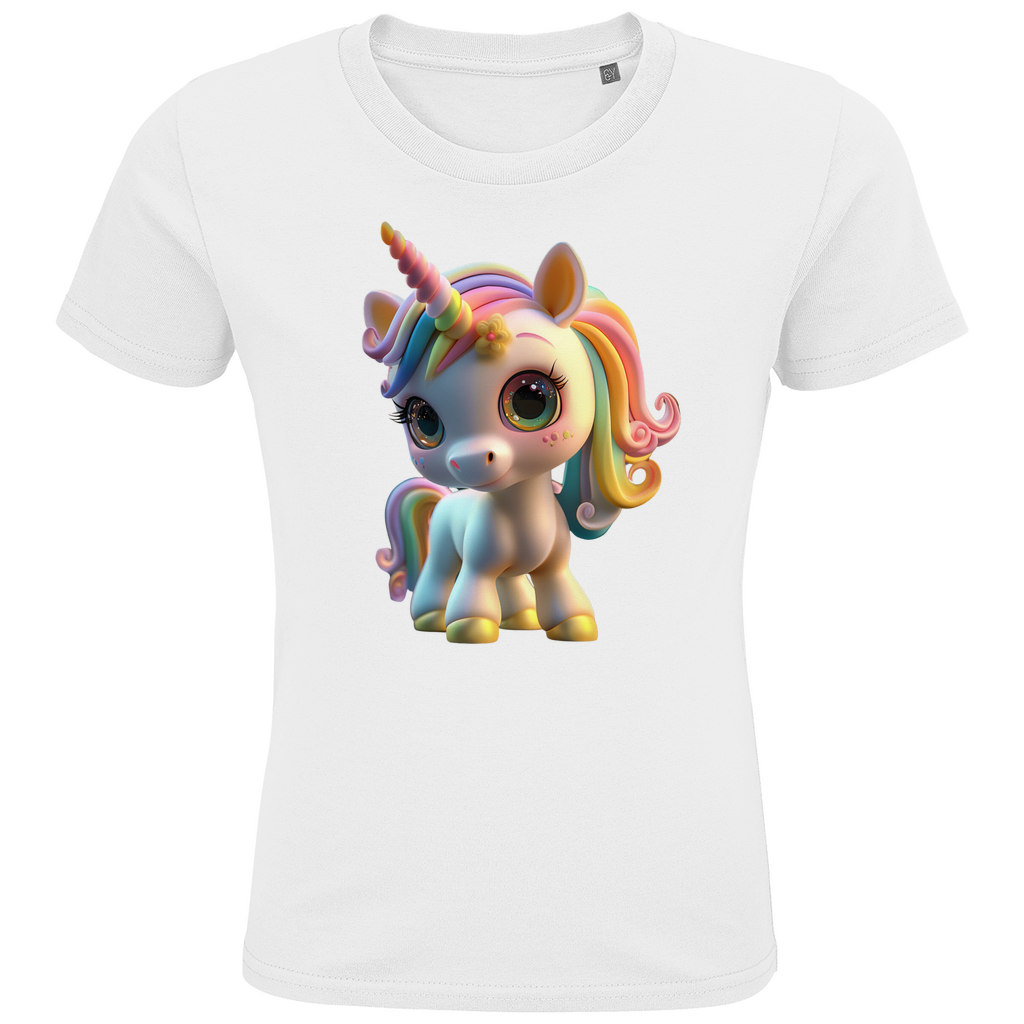 Ein weißes Kinder-T-Shirt mit einem farbenfrohen Einhorn-Design. Das Einhorn hat eine Regenbogenmähne und große, strahlende Augen, die ihm einen niedlichen und lebendigen Ausdruck verleihen. Sein verspieltes Horn und die zarten Verzierungen auf seinem Gesicht ergänzen das charmante Design. Das T-Shirt bietet eine ideale Option für Kinder, die magische und fantasievolle Motive lieben.