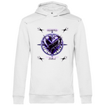 Ein weißer Hoodie mit einem auffälligen Design in der Mitte. Das Motiv zeigt ein violettes Herz, umgeben von Dornen und stachelartigen Elementen. Über dem Herz steht der Schriftzug "Hurtful", darunter "Sacrifice Bound" in hellen Farben. Der Hoodie hat eine künstlerische und emotionale Ausstrahlung, ideal für einen individuellen Look.