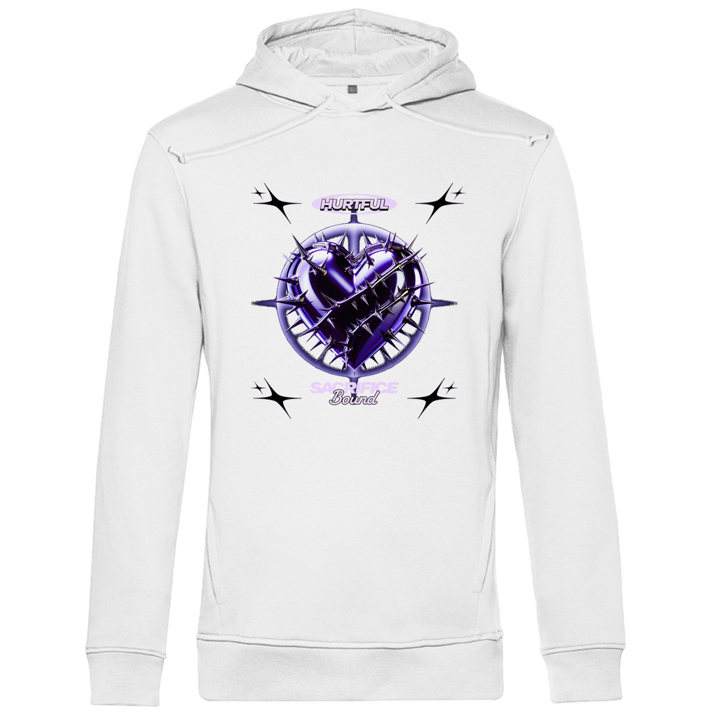 Ein weißer Hoodie mit einem auffälligen Design in der Mitte. Das Motiv zeigt ein violettes Herz, umgeben von Dornen und stachelartigen Elementen. Über dem Herz steht der Schriftzug "Hurtful", darunter "Sacrifice Bound" in hellen Farben. Der Hoodie hat eine künstlerische und emotionale Ausstrahlung, ideal für einen individuellen Look.