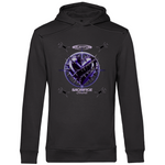 Ein dunkelgrauer Hoodie mit einem auffälligen Design in der Mitte. Das Motiv zeigt ein violettes Herz, umgeben von Dornen und stachelartigen Elementen. Über dem Herz steht der Schriftzug "Hurtful", darunter "Sacrifice Bound" in hellen Farben. Der Hoodie hat eine künstlerische und emotionale Ausstrahlung, ideal für einen individuellen Look.