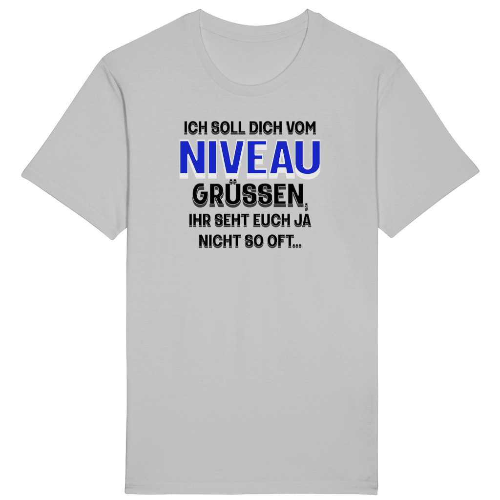 Hellgraues T-Shirt mit einem humorvollen Aufdruck: „Ich soll dich vom Niveau grüßen, ihr seht euch ja nicht so oft…“ Der Spruch ist in unterschiedlichen Schriftgrößen und -farben gestaltet, wobei das Wort „Niveau“ in auffälligem Blau hervorgehoben ist. Ein augenzwinkerndes Design für alle, die gern mit Witz und Charme punkten!