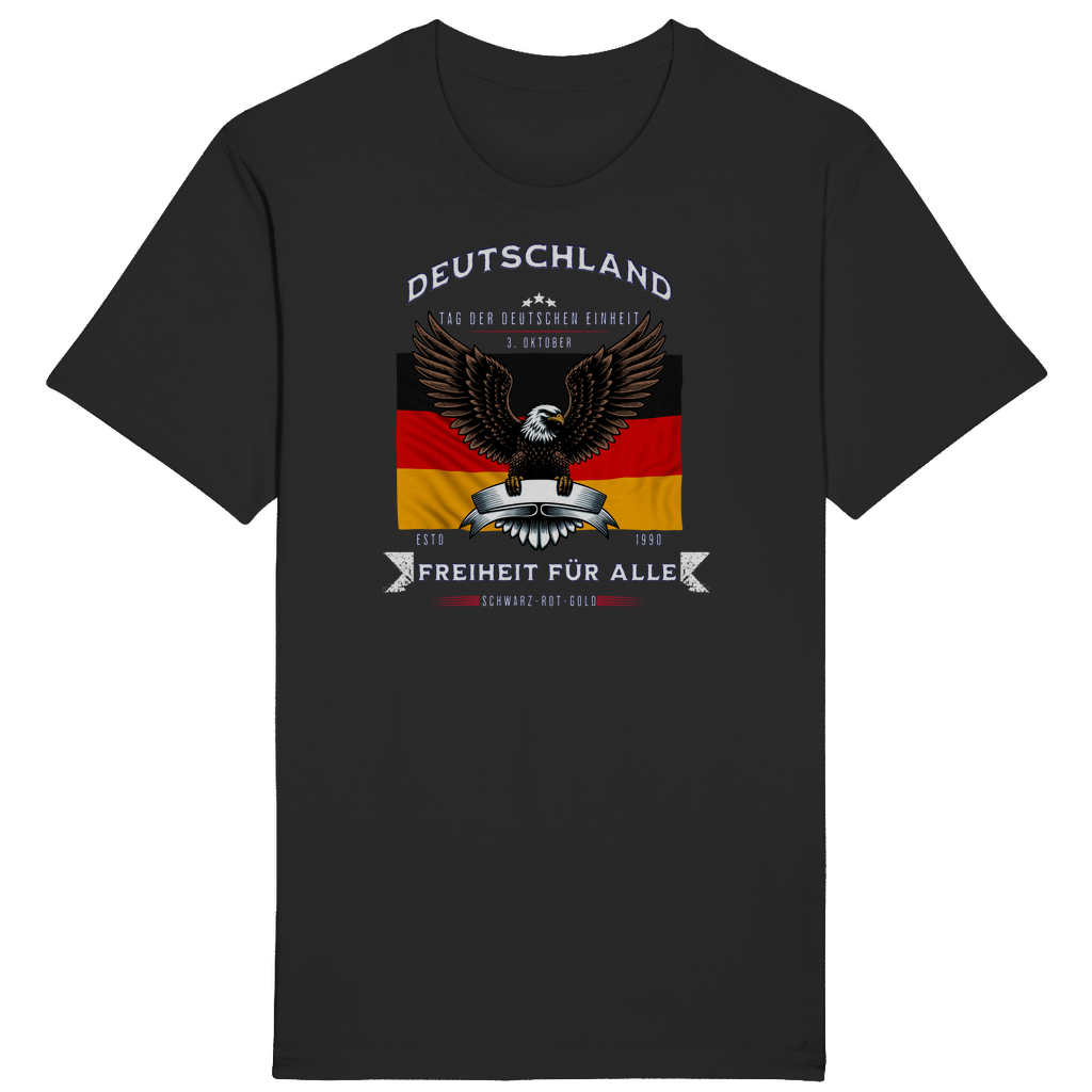 Schwarzes T-Shirt mit patriotischem Design, das die deutsche Flagge und einen imposanten Adler zeigt. Der Schriftzug „Deutschland – Freiheit für alle“ und „Tag der Deutschen Einheit – 3. Oktober“ betont die Bedeutung der deutschen Einheit und Freiheit. Ein markantes Statement für alle, die Stolz und Zusammenhalt symbolisieren und an den Werten von Schwarz-Rot-Gold festhalten.