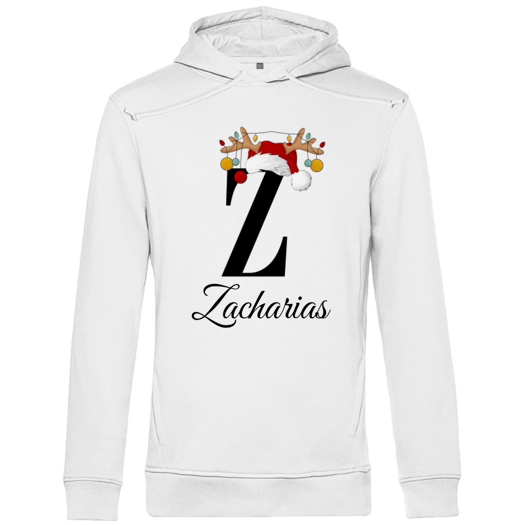 Ein weißer Hoodie mit einem weihnachtlichen „Z“-Design in Schwarz, verziert mit einem Weihnachtsmann-Hut und Rentiergeweihen, an denen bunte Kugeln hängen. Unter dem Buchstaben steht der Name „Zacharias“ in eleganter, geschwungener Schrift. Der Hoodie strahlt eine festliche und personalisierte Stimmung aus, perfekt für die Weihnachtszeit.