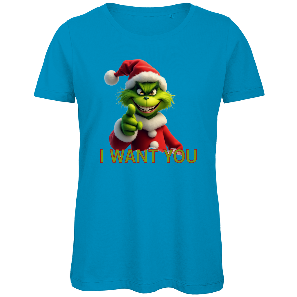 Ein hellblaues Damen T-Shirt mit einem humorvollen, weihnachtlichen Motiv. Auf der Vorderseite ist eine grüne, grinsende Figur in einem roten Weihnachtsmann-Anzug zu sehen, die direkt in die Kamera zeigt. Darunter steht in gelben Buchstaben mit roter Umrandung der Text "I WANT YOU". Das T-Shirt strahlt eine lustige, festliche Atmosphäre aus und ist perfekt für die Weihnachtszeit geeignet.