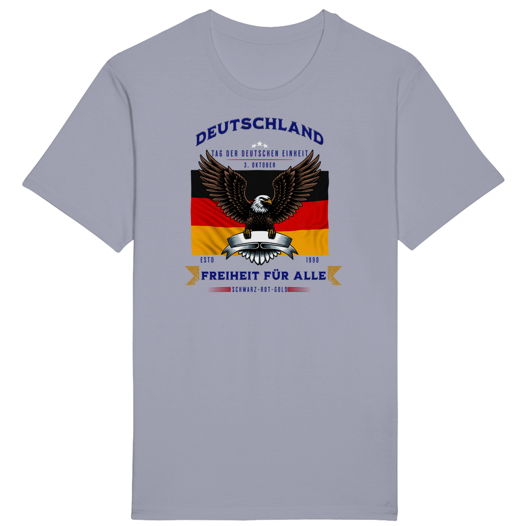 Hellblaues T-Shirt mit patriotischem Design, das die deutsche Flagge und einen imposanten Adler zeigt. Der Schriftzug „Deutschland – Freiheit für alle“ und „Tag der Deutschen Einheit – 3. Oktober“ betont die Bedeutung der deutschen Einheit und Freiheit. Ein markantes Statement für alle, die Stolz und Zusammenhalt symbolisieren und an den Werten von Schwarz-Rot-Gold festhalten.