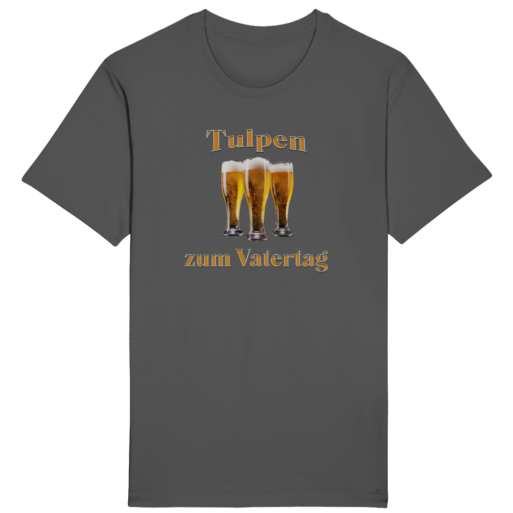 Graues T-Shirt mit dem humorvollen Spruch „Tulpen zum Vatertag“ in orange-weißer Schrift. In der Mitte des Designs sind drei gefüllte Biergläser angeordnet, die auf humorvolle Weise an „Tulpen“ erinnern.