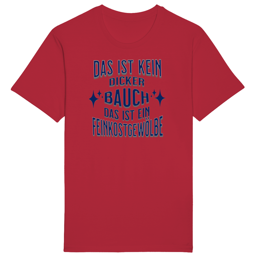 Rotes T-Shirt mit einem humorvollen Spruch: „Das ist kein dicker Bauch, das ist ein Feinkostgewölbe.“ Der Text ist in einer eleganten blauen Schrift gestaltet, begleitet von funkelnden Sternen, die das Design spielerisch abrunden. Ein perfektes Shirt für alle, die zu ihrem Bauch stehen und ihn mit einem Augenzwinkern als „Feinkostgewölbe“ feiern!