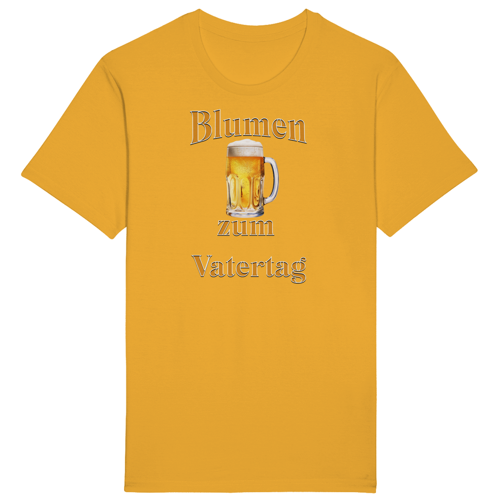 Gelbes T-Shirt mit dem humorvollen Aufdruck „Blumen zum Vatertag“. Ein goldener Bierkrug in der Mitte des Designs ersetzt augenzwinkernd die traditionellen Blumen, die man sonst schenkt. Ein perfektes Geschenk für Väter, die den Vatertag gerne mit einem erfrischenden Bier feiern und diesen besonderen „Blumenstrauß“ zu schätzen wissen!