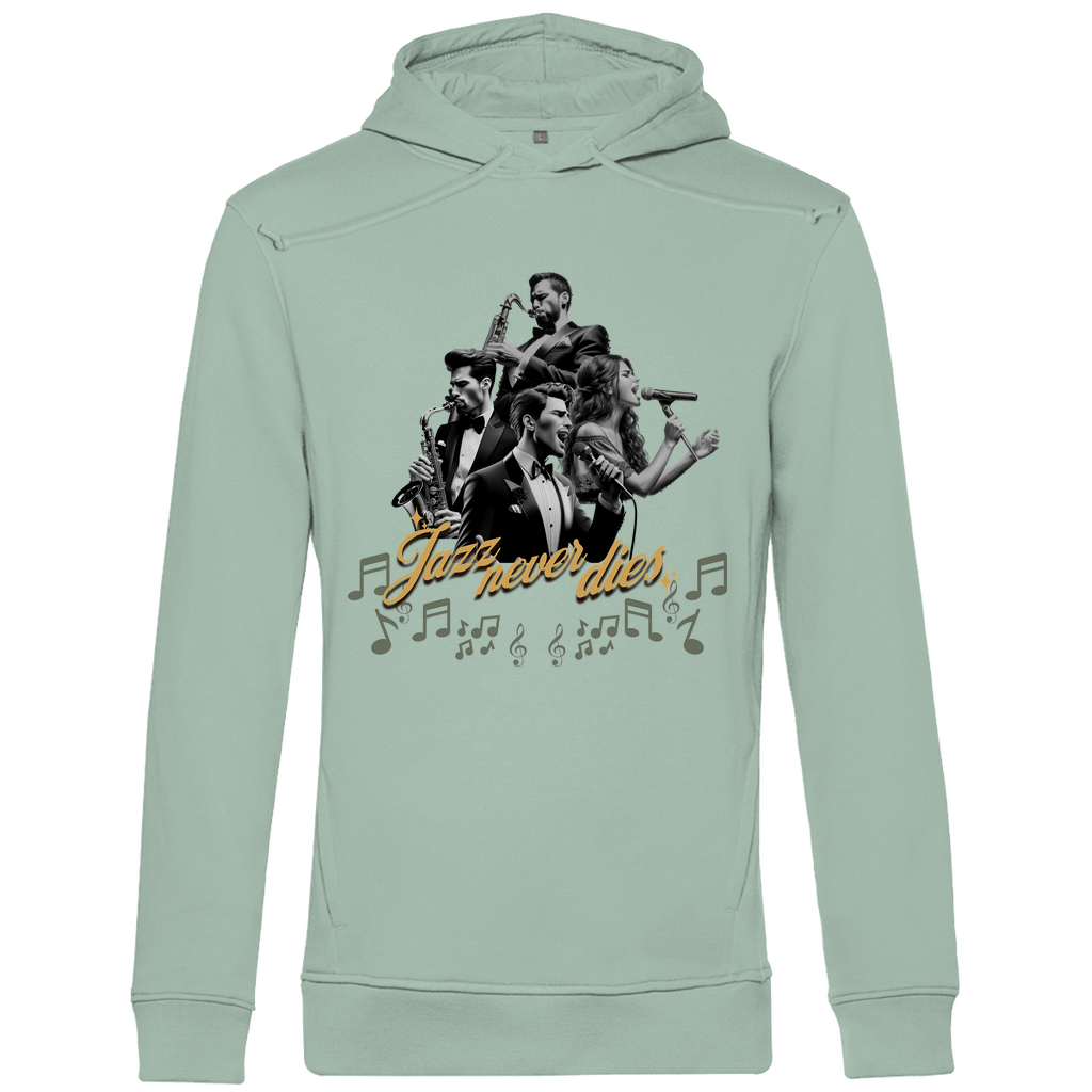 Ein hellgrüner Hoodie mit einem lebendigen Jazz-Motiv. Das Design zeigt eine Gruppe von Musikern, die verschiedene Instrumente spielen, umgeben von musikalischen Noten. Der Schriftzug "Jazz never dies" ist in eleganter Schrift unterhalb der Musiker platziert. Das Design vermittelt eine nostalgische und künstlerische Atmosphäre, ideal für Jazzliebhaber.