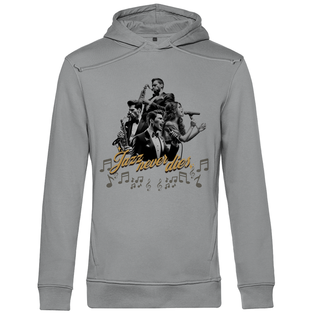 Ein hellgrauer Hoodie mit einem lebendigen Jazz-Motiv. Das Design zeigt eine Gruppe von Musikern, die verschiedene Instrumente spielen, umgeben von musikalischen Noten. Der Schriftzug "Jazz never dies" ist in eleganter Schrift unterhalb der Musiker platziert. Das Design vermittelt eine nostalgische und künstlerische Atmosphäre, ideal für Jazzliebhaber.