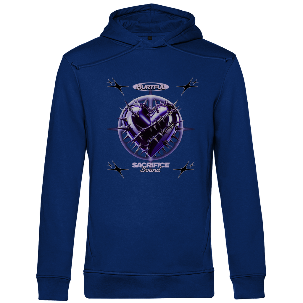 Ein blauer Hoodie mit einem auffälligen Design in der Mitte. Das Motiv zeigt ein violettes Herz, umgeben von Dornen und stachelartigen Elementen. Über dem Herz steht der Schriftzug "Hurtful", darunter "Sacrifice Bound" in hellen Farben. Der Hoodie hat eine künstlerische und emotionale Ausstrahlung, ideal für einen individuellen Look.