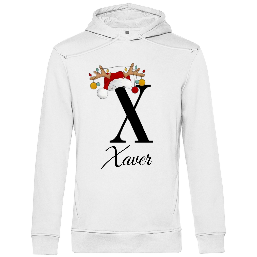 Weiße Hoodie mit einem weihnachtlichen „X“-Design in Schwarz, verziert mit einem Weihnachtsmann-Hut und Rentiergeweihen, an denen bunte Kugeln hängen. Unter dem Buchstaben steht der Name „Xaver“ in eleganter, geschwungener Schrift. Der Hoodie strahlt eine festliche und personalisierte Atmosphäre aus, perfekt für die Weihnachtszeit.