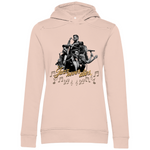 Hellrosa Damen-Hoodie mit einem stilvollen Jazz-Design. Das Motiv zeigt eine Gruppe von Musikern, die verschiedene Instrumente spielen, umgeben von Musiknoten. In der Mitte steht der Schriftzug "Jazz never dies" in goldener, geschwungener Schrift. Der Hoodie verbindet eine zarte Farbe mit einem eleganten musikalischen Thema.