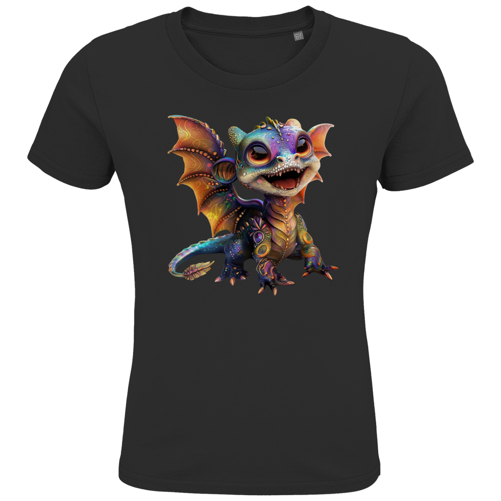 Ein schwarzes T-Shirt mit einem lebhaften, bunten Drachenmotiv auf der Vorderseite. Der fröhliche Drache ist detailliert und in strahlenden Farben gestaltet, mit großen Augen und einem breiten, freundlichen Lächeln. Die Flügel des Drachens sind ausgebreitet und zeigen eine Mischung aus Orange-, Lila- und Blautönen, die durch glitzernde Muster ergänzt werden. Das Design bringt den Drachen zum Leben und verleiht dem T-Shirt eine fantasievolle und verspielte Note.