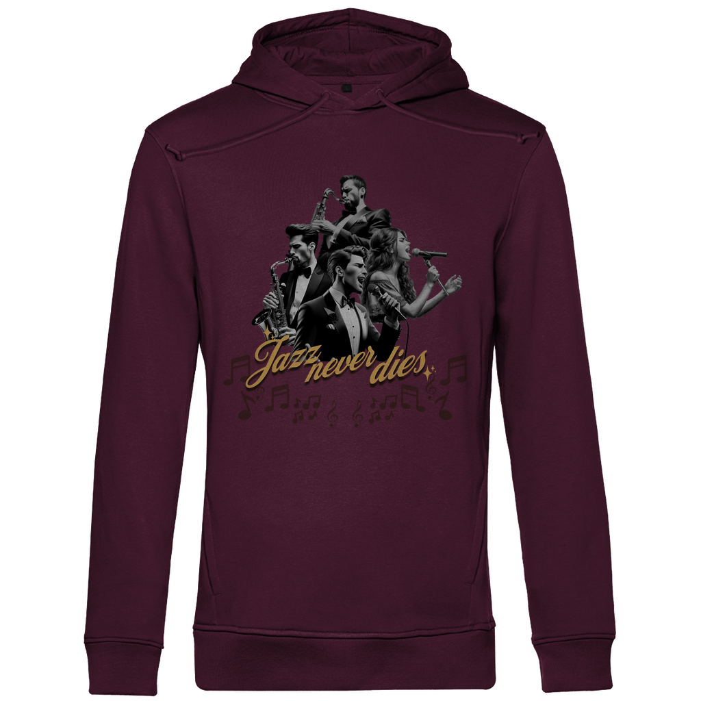 Ein weinroter Hoodie mit einem lebendigen Jazz-Motiv. Das Design zeigt eine Gruppe von Musikern, die verschiedene Instrumente spielen, umgeben von musikalischen Noten. Der Schriftzug "Jazz never dies" ist in eleganter Schrift unterhalb der Musiker platziert. Das Design vermittelt eine nostalgische und künstlerische Atmosphäre, ideal für Jazzliebhaber.